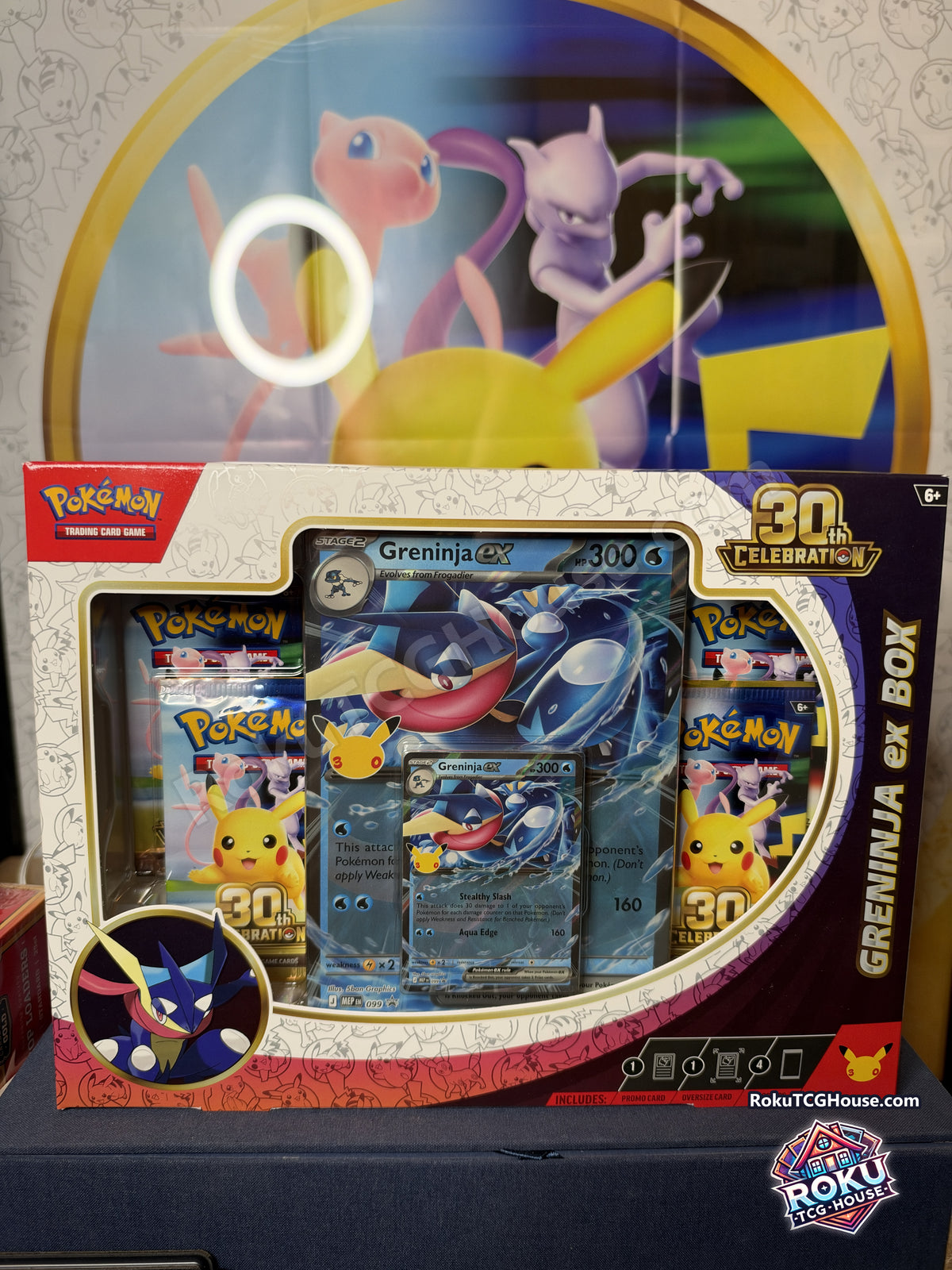 30th Celebration Greninja ex Box with four booster packs and Greninja ex promo cards