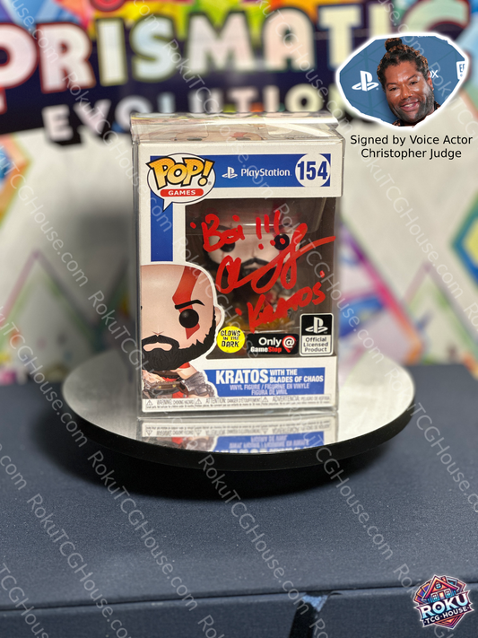 Signed collectible Funko Pop of Kratos from God of War, autographed by voice actor Christopher Judge.