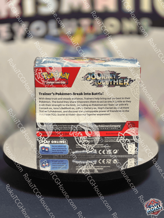 Back view of the Pokémon Journey Together Booster Box showcasing Trainer's Pokémon and gaming details.