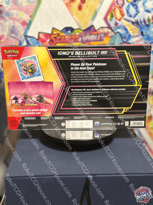 Back of Iono's Bellibolt EX Premium Collection showing contents and features of the Pokémon TCG set.