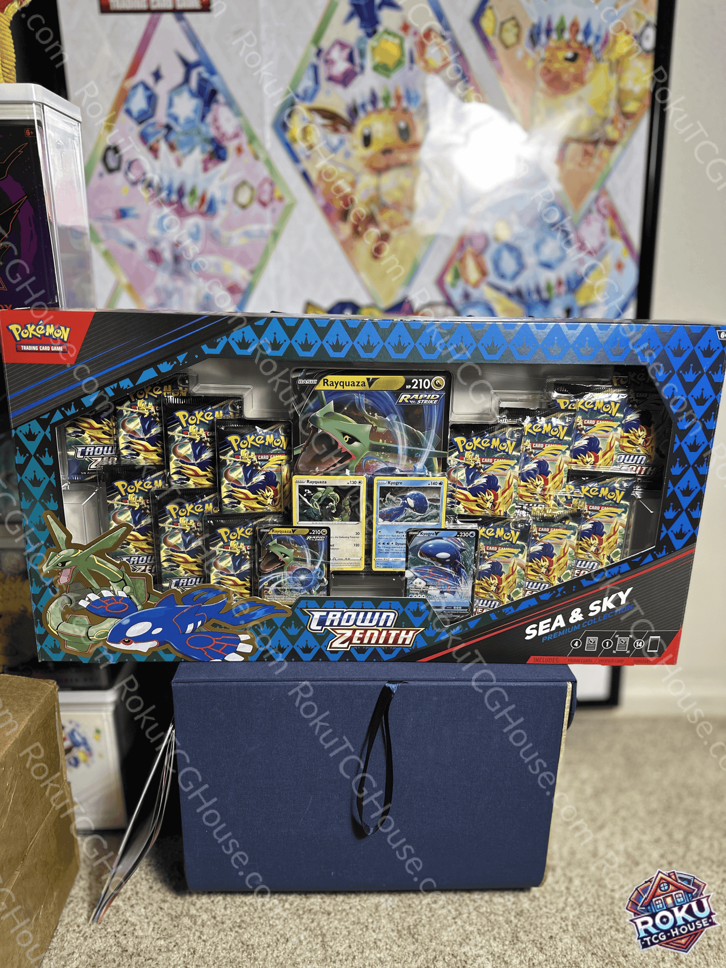 Premium Crown Zenith Sea & Sky collection box featuring Pokémon cards and accessories, perfect for collectors.