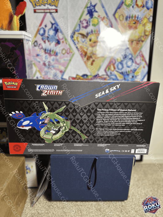 Crown Zenith Sea & Sky Premium Collection Box back view showcasing promo cards and themed accessories.