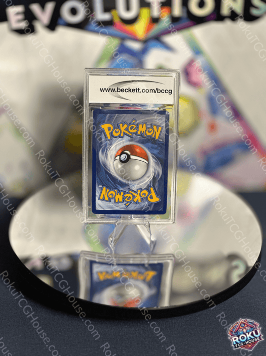 Orbeetle V promo Pokemon card in BCCG 10 condition displayed on a reflective surface.
