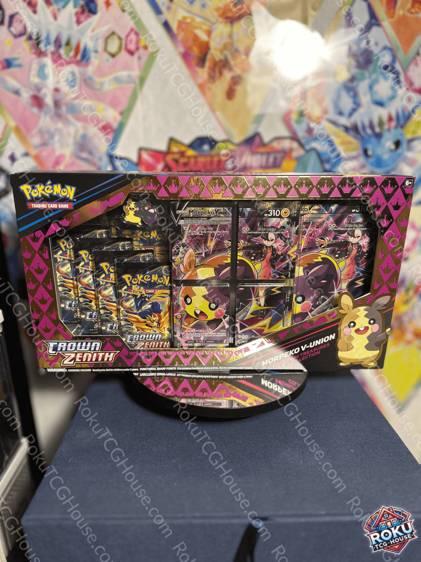 Crown Zenith Morpeko V-Union Premium Treasures Collection featuring collectible cards and packaging.