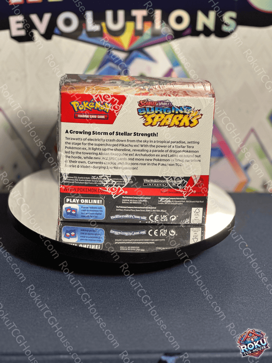 SV08: Surging Sparks booster box showcasing a vibrant design for the Pokémon Trading Card Game.
