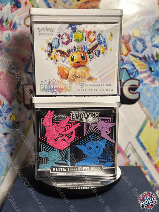 Elite Trainer Box Protector Case holding sealed Pokémon TCG Elite Trainer Boxes for display and protection.