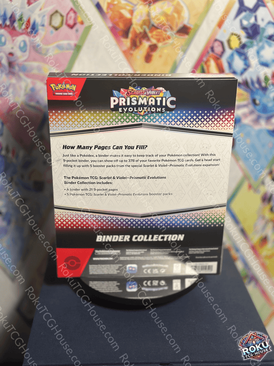 Back view of the Pokémon Prismatic Evolutions Binder Collection, showcasing features and details for card organization.