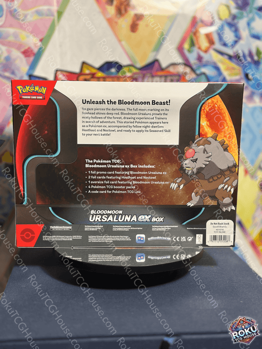Back of the Pokemon TCG: Blood Moon Ursaluna EX Box showcasing features and promotional text.