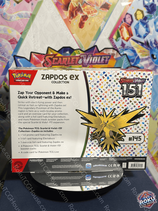 Back of the Pokémon Scarlet & Violet: 151 Zapdos EX Collection box with details and artwork.