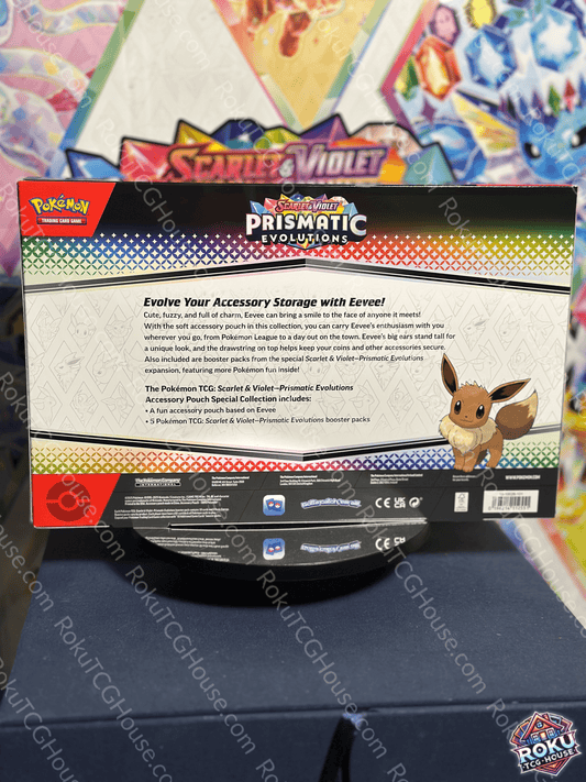 Back of Prismatic Evolutions Accessory Pouch Special Collection – Pokémon TCG accessory pouch.