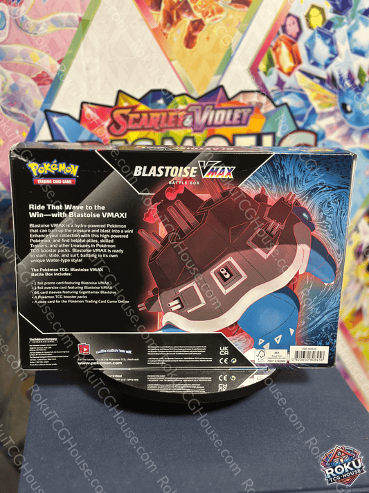 Back of Pokémon TCG: Blastoise VMax Battle Box – Pokémon Trading Card Game battle box.