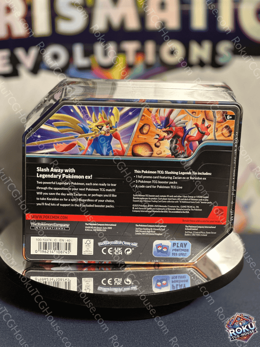 Back of Pokémon TCG: Slashing Legends Koraidon Tin – Pokémon Trading Card Game mini tin.