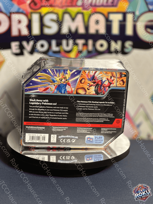 Back of Pokémon TCG: Slashing Legends Zacian Tin – Pokémon Trading Card Game mini tin.