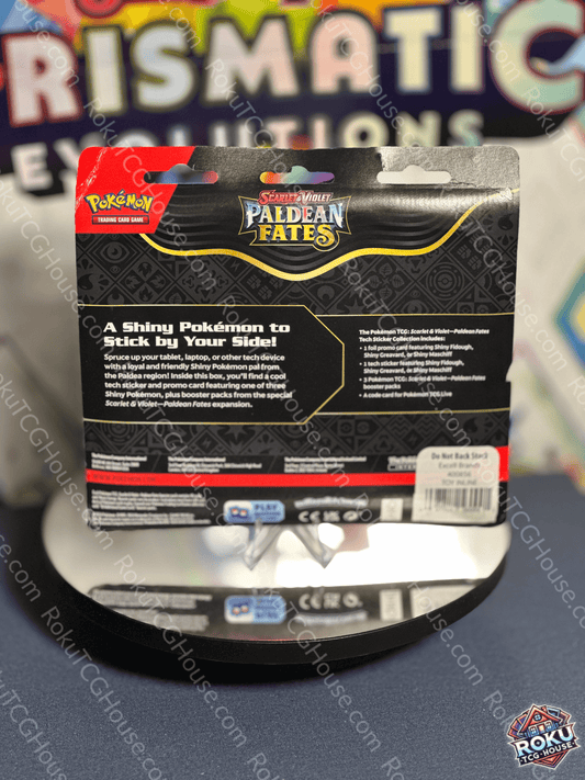 Back of Paldean Fates Tech Sticker Collection (Fidough) – Pokémon TCG sticker accessory.