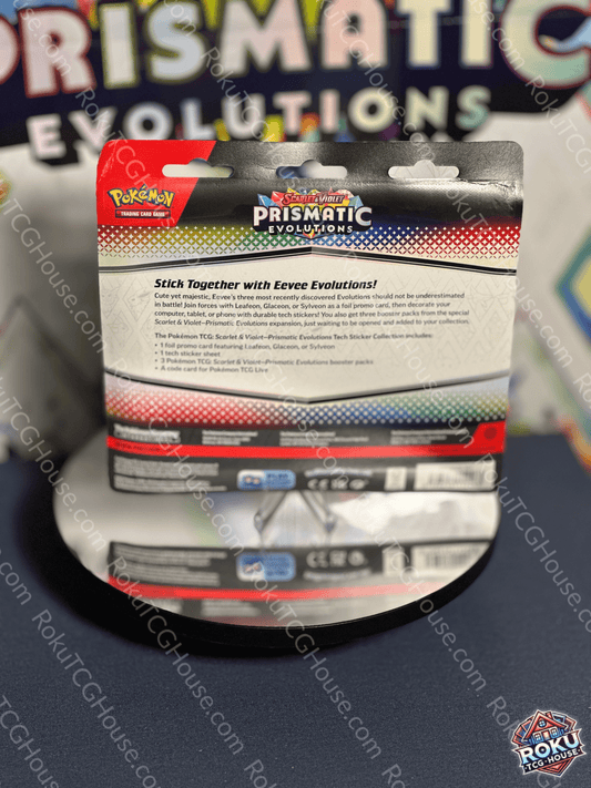 Back of Prismatic Evolutions Tech Sticker Collection (Leafeon) – Pokémon TCG sticker accessory.