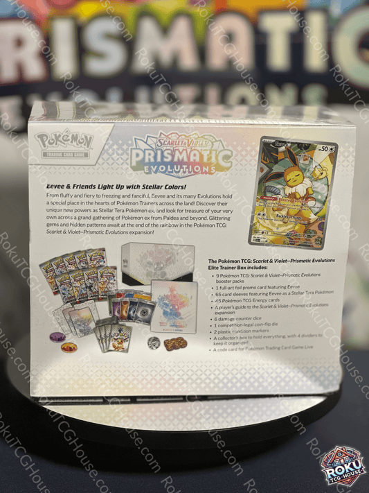 Back of Prismatic Evolutions – Pokémon TCG Elite Trainer Box.