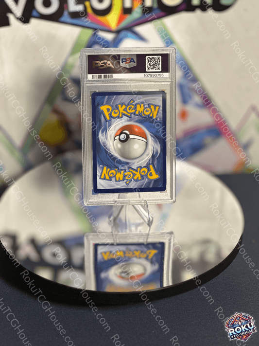 Zeraora V Pokemon card from Stellar Crown, graded PSA 9, displayed on circular mirror with vibrant background.