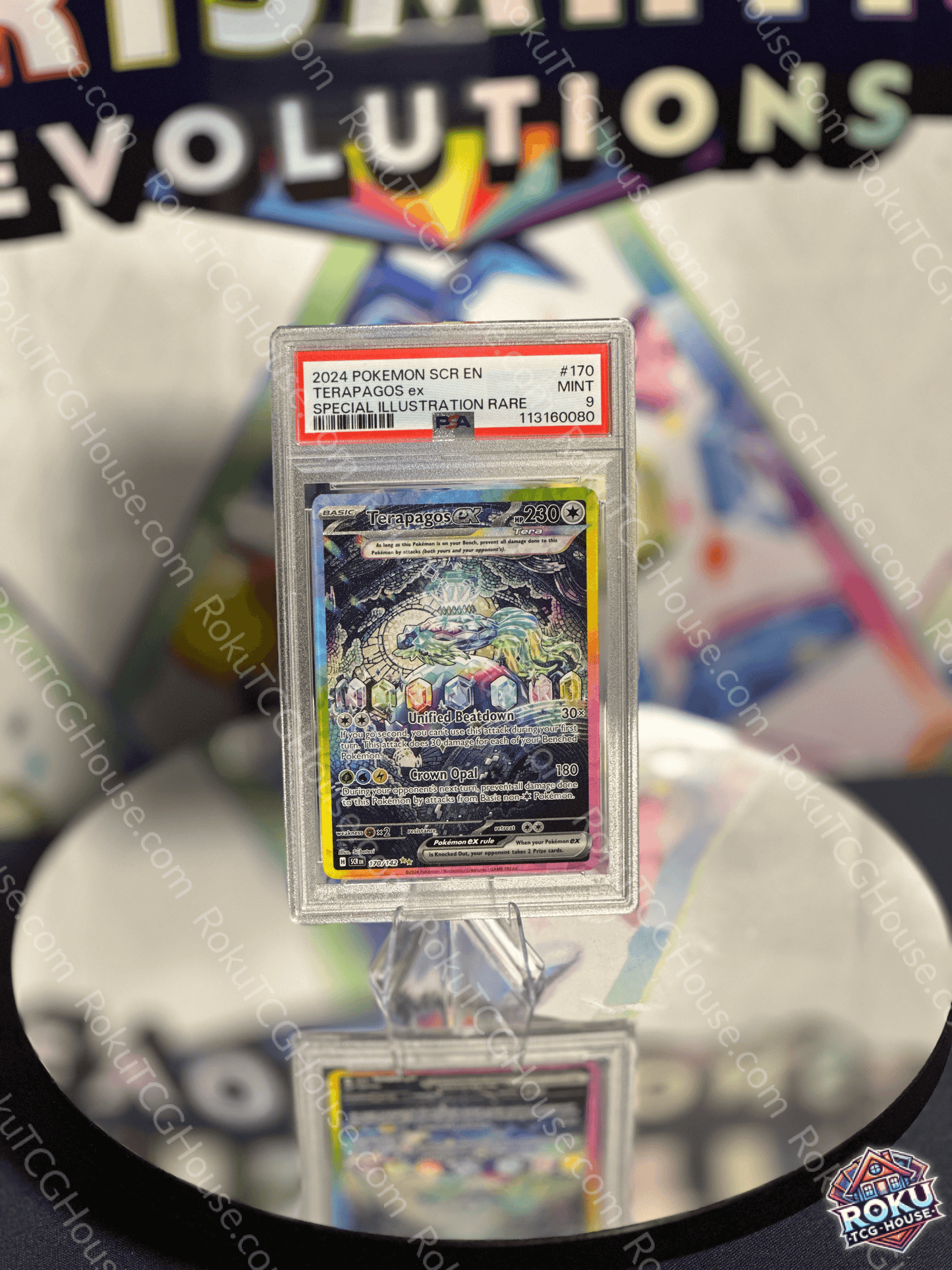Terapagos EX Pokémon card graded PSA 9, glowing illustration from Stellar Crown set, ideal for collectors.