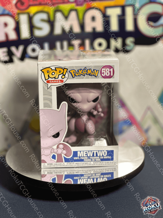 Mewtwo Pokémon #581 Funko Pop! Vinyl Figure displayed in box on a stand with colorful background.