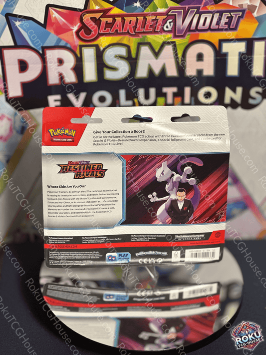 Back of Destined Rivals – 3‑Pack Blister (Kangaskhan) – Pokémon Trading Card Game accessory pack.