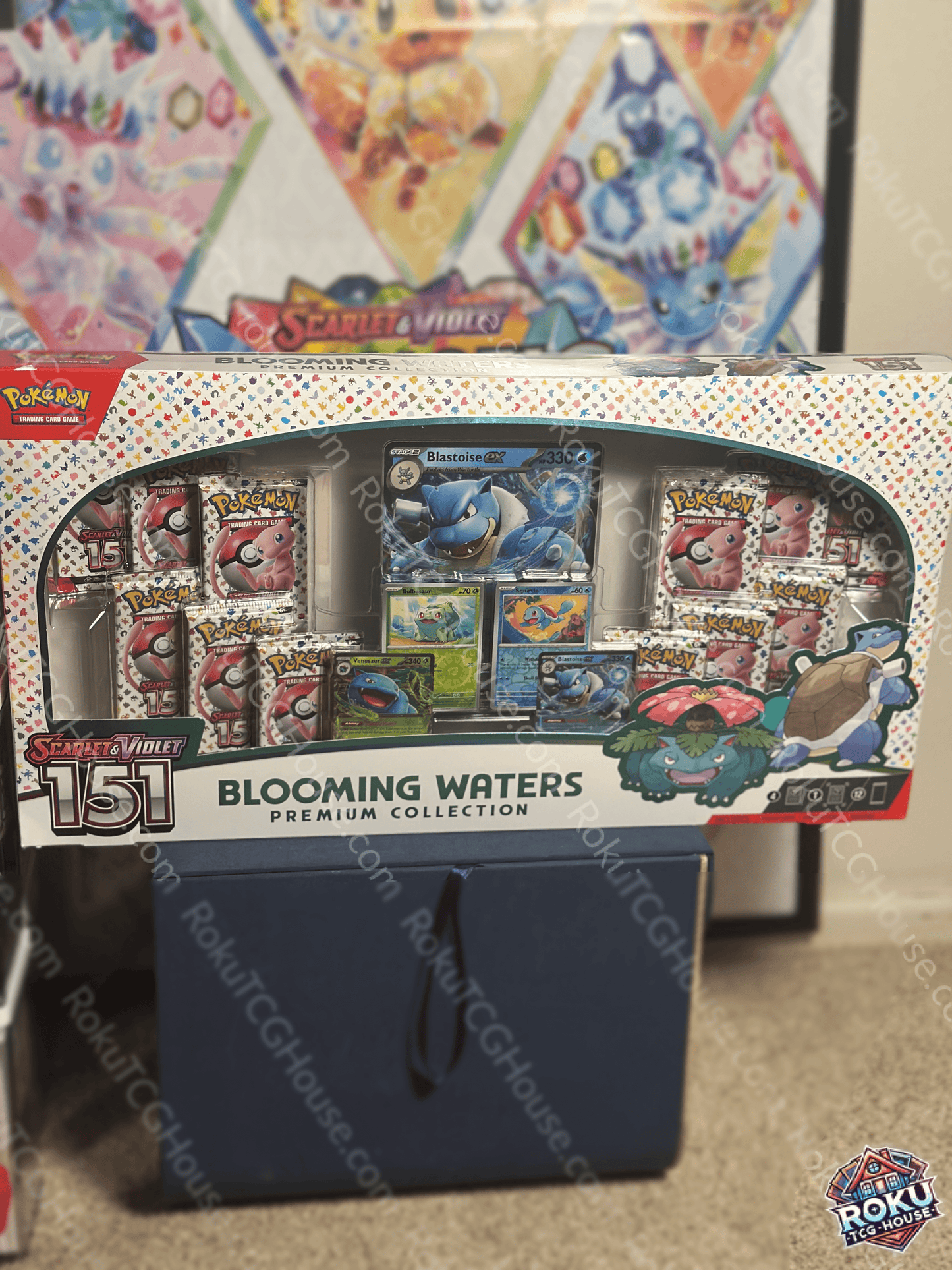SV: 151 Blooming Waters Premium Collection featuring Pokémon cards, packs, and foil cards for Scarlet Violet 151.