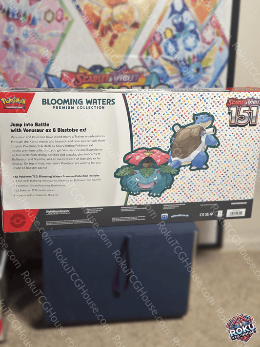 SV: 151 Blooming Waters Premium Collection featuring Pokémon cards, packs, and foil cards for Scarlet Violet 151.