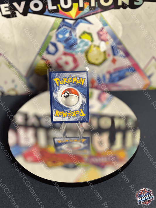 Back of near‑mint Mewtwo V Pokémon Go card showing classic Pokémon card back design and flawless surface.