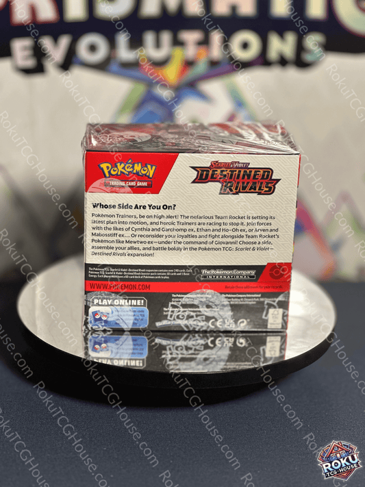 Back of sealed Destined Rivals Booster Box showing full contents list, additional artwork, product barcodes, and set details.