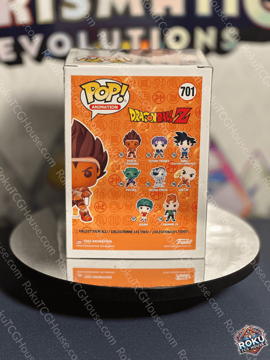 Back of Funko Pop! Vegeta (Training) #701 figure showing the rear detailing of his outfit and painted hair.