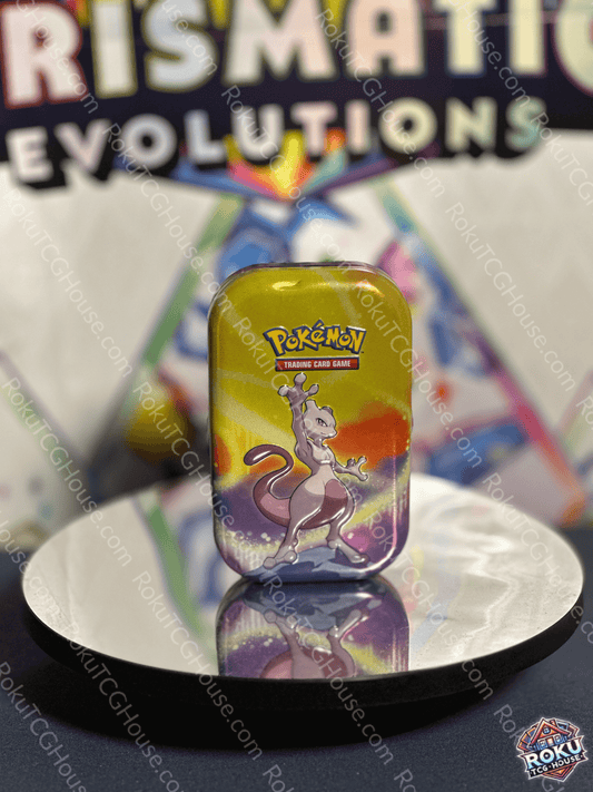 Front of empty Pokémon Storage Mini-Tin featuring Mewtwo artwork on the lid.