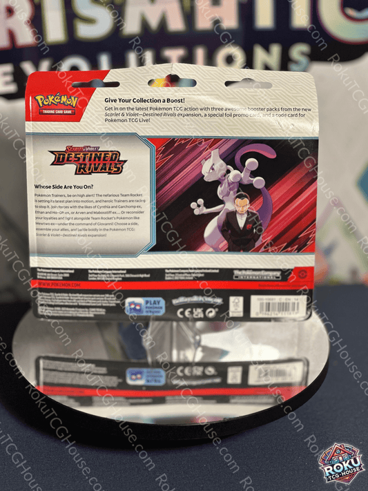 Back of sealed Destined Rivals 3‑pack blister showing additional cards, set details, and UPC barcode on packaging.