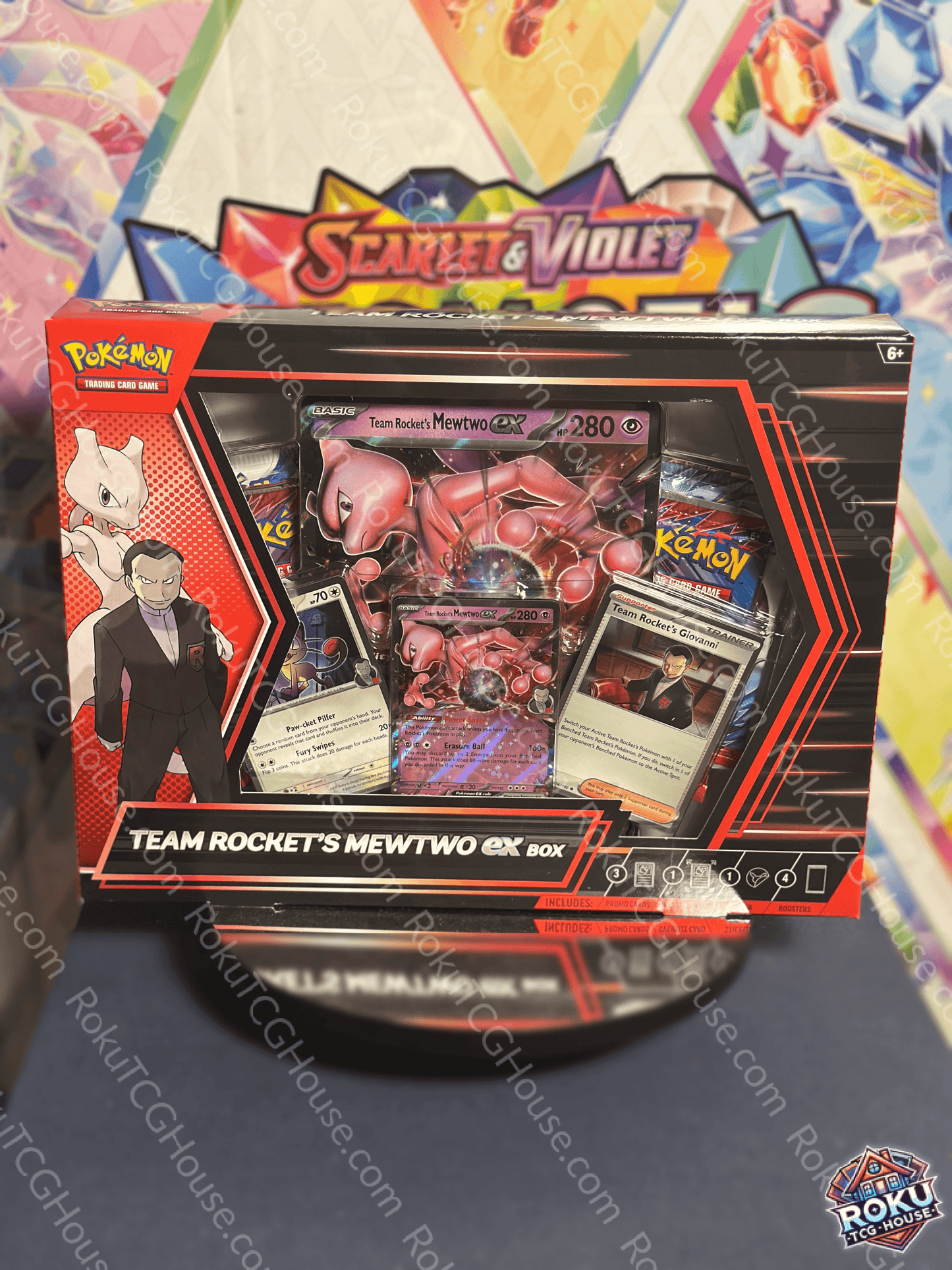 Front of sealed Pokémon TCG: Team Rocket's Mewtwo EX Box featuring Mewtwo promo card and Team Rocket branding.