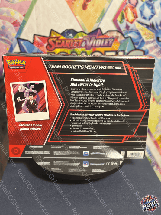 Back of sealed Pokémon TCG: Team Rocket's Mewtwo EX Box displaying box contents and product details.