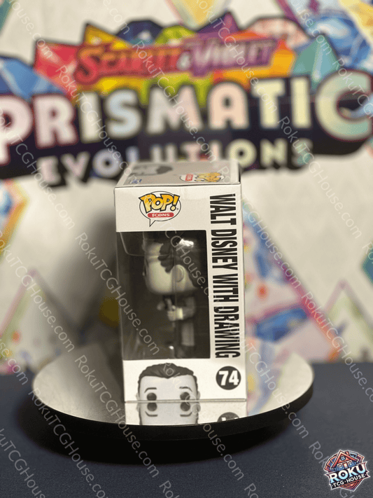 Side profile of Walt Disney W/ Drawing - Disney 100 #74 - Funko Pop! Vinyl Figure with Disney 100 branding and figure silhouette