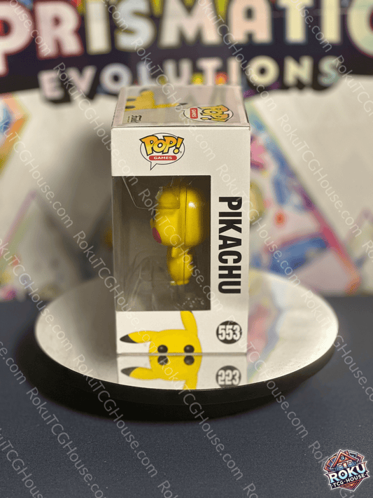 Side profile of Pikachu - Pokémon #553 - Funko Pop! Vinyl Figure showing box art and collector info