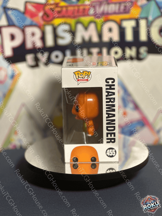 Side profile of Charmander - Pokémon #455 - Funko Pop! Vinyl Figure packaging with character image and numbering