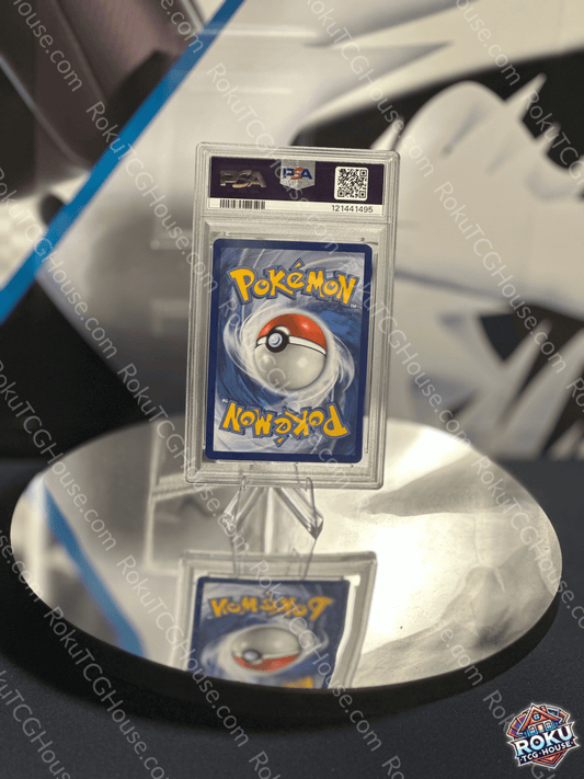 Back of Celebi & Venusaur GX Team Up Pokémon card in PSA slab showing standard Pokémon card back