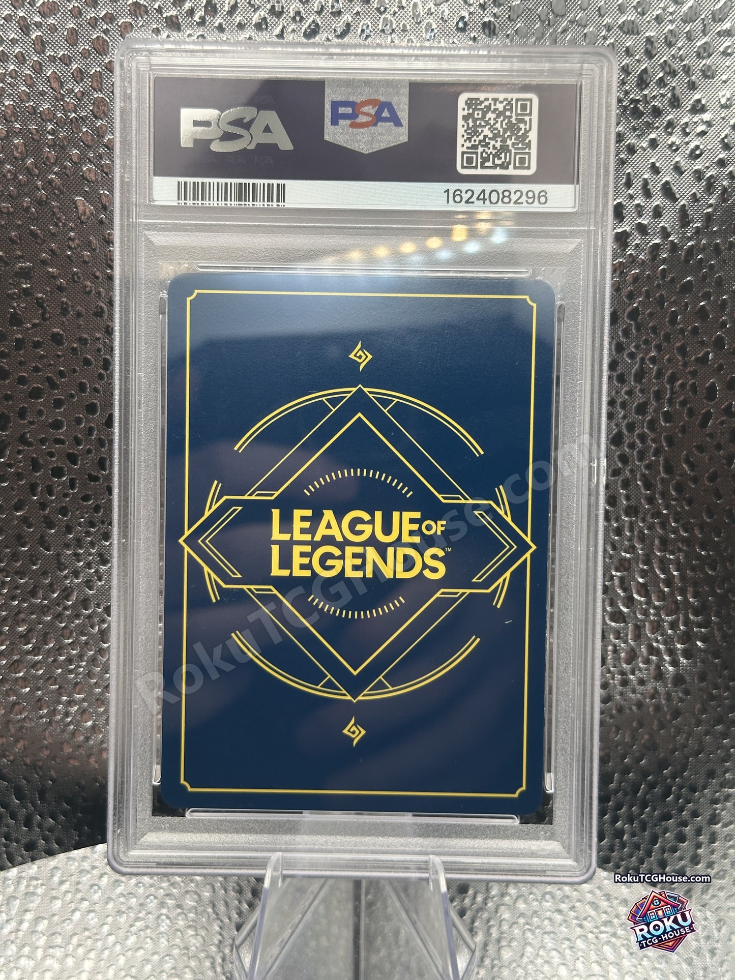 Back of PSA 10 slab showing League of Legends Riftbound card back and PSA cert 162408296