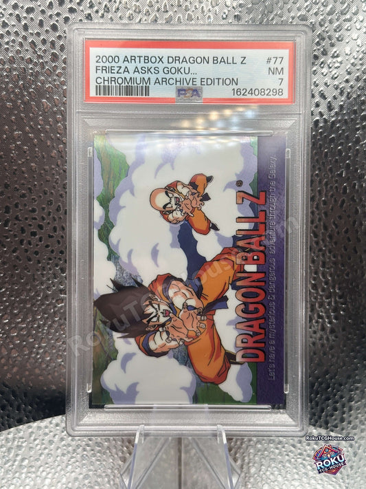 Dragon Ball Z card 77 Frieza Asks Goku 2000 Artbox Chromium Archive Edition graded PSA 7 Near Mint, front of slab