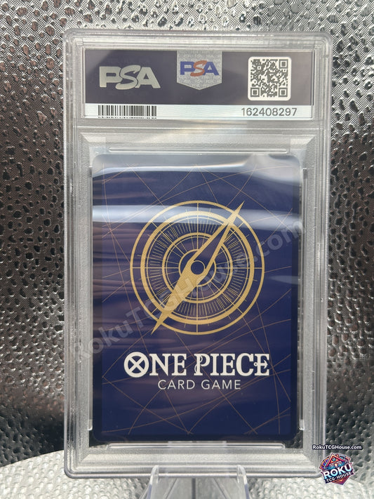 Back of PSA 10 slab showing One Piece Card Game card back and PSA cert 162408297