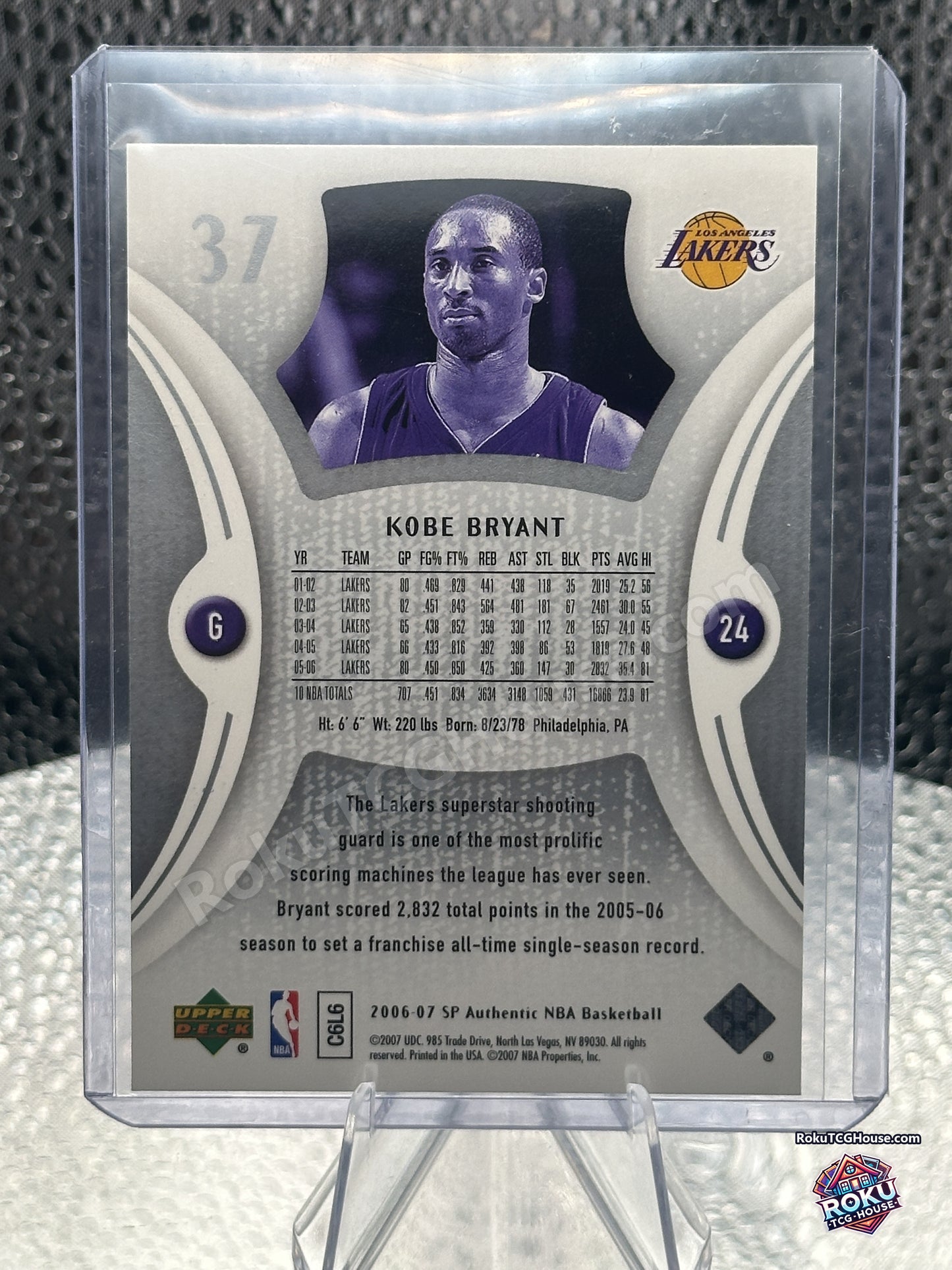 Back of the 2006-07 SP Authentic Kobe Bryant card number 37 showing year-by-year Lakers statistics