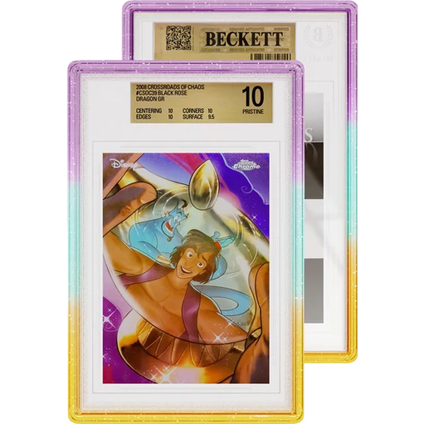 Limited Edition Oasis Graded Guard case holding a BGS Beckett graded card slab, pink to teal to gold glitter gradient