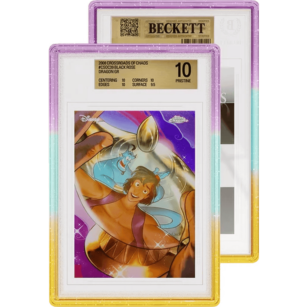 Limited Edition Oasis Graded Guard case holding a BGS Beckett graded card slab, pink to teal to gold glitter gradient