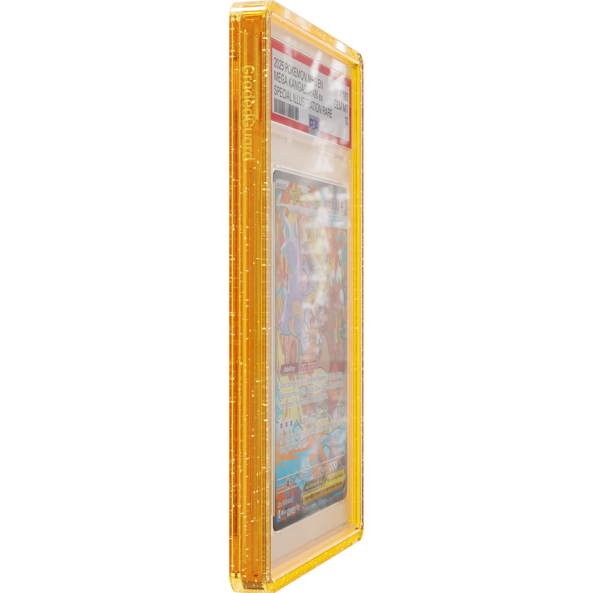 Yellow Glitter Graded Guard side profile showing the slab fit and embossed GradedGuard logo, holding a PSA 10 Mega Kangaskhan ex