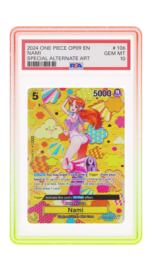 Limited Edition Graded Guard case showcasing 2024 One Piece OP09 EN Nami special alternate art card.