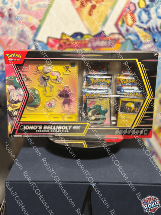 Pokemon TCG Iono's Bellibolt EX Premium Collection box with cards and acrylic standees.
