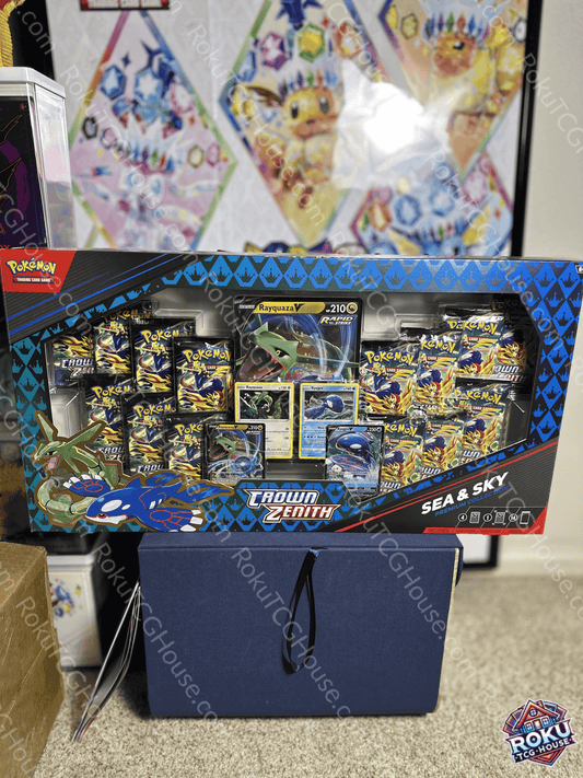 Premium Crown Zenith Sea & Sky collection box featuring Pokémon cards and accessories, perfect for collectors.