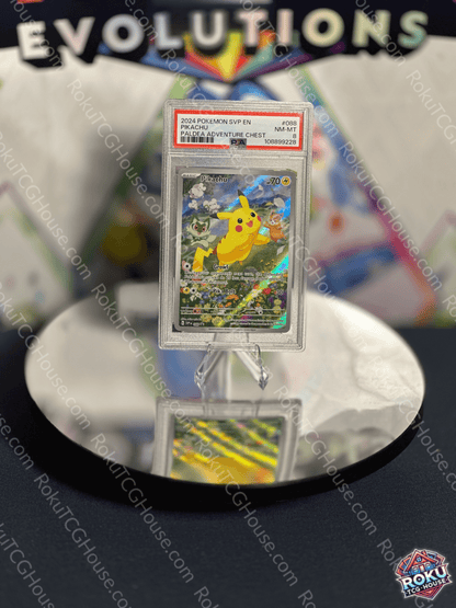 Pikachu Pokemon card from Scarlet & Violet series, graded PSA 8, displayed in protective case.