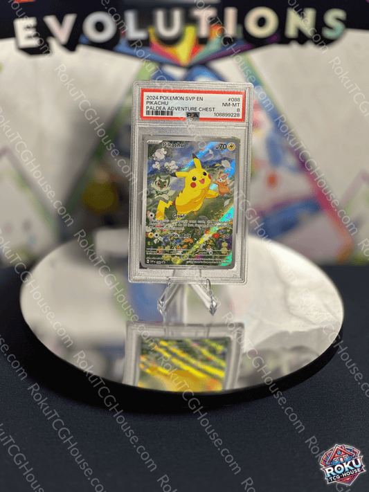 Pikachu Pokemon card from Scarlet & Violet series, graded PSA 8, displayed in protective case.