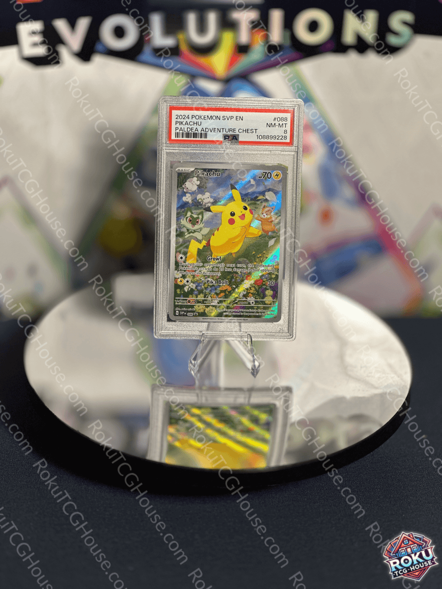 Pikachu Pokemon card from Scarlet & Violet series, graded PSA 8, displayed in protective case.